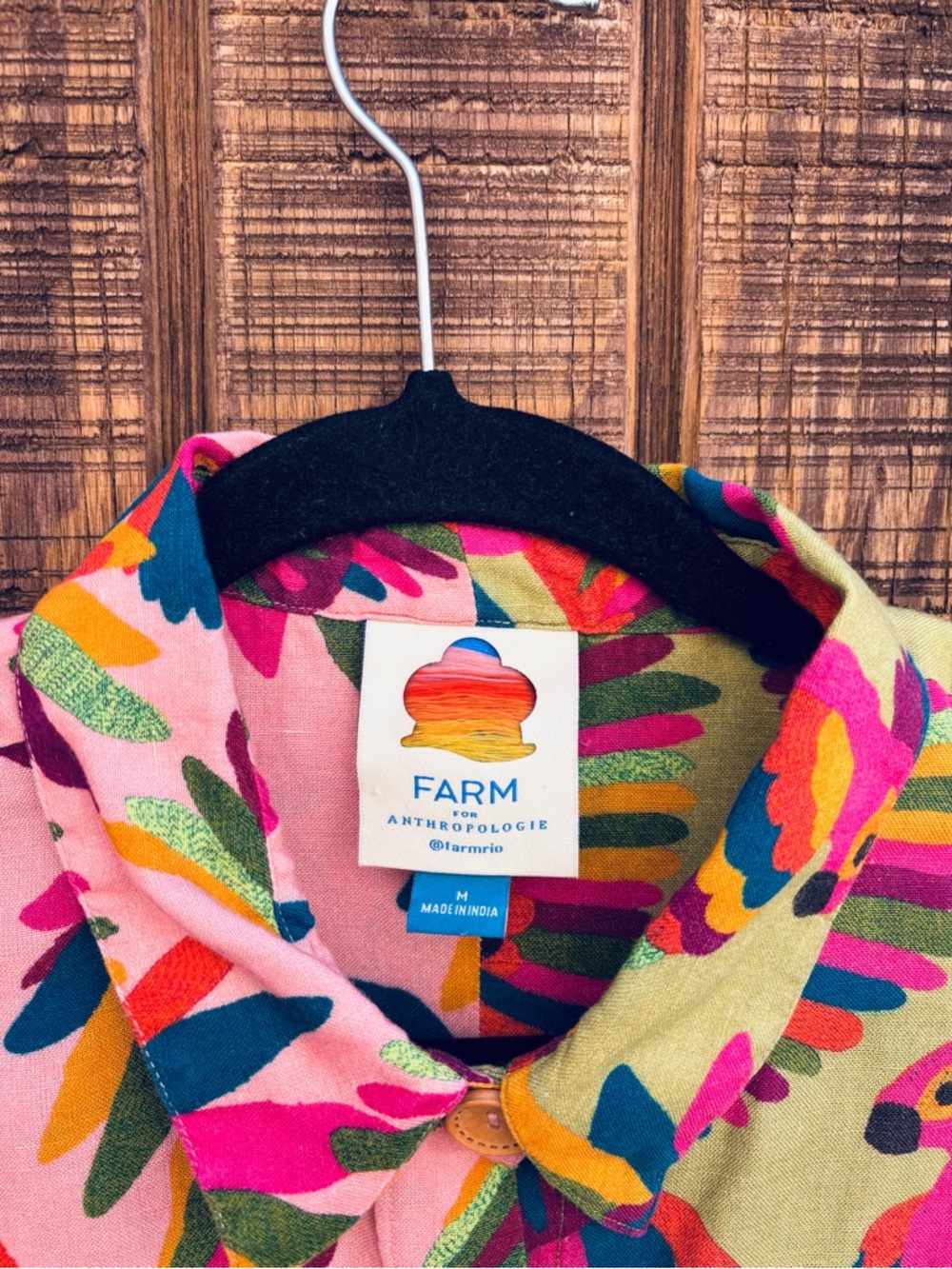 FARM Rio From Anthropologie Two Tone Parrot Button Up Linen Blend Shirt - Picture 5 of 14